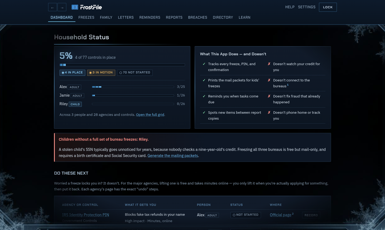 FrostFile dashboard: household status, what the app does and doesn't, and the do-these-next list